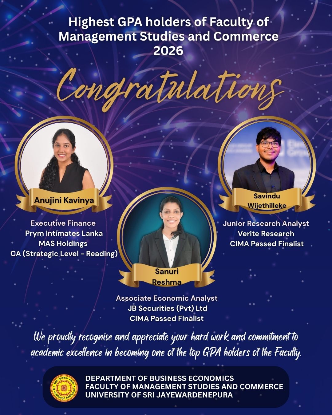 Business Economics Graduates Achieve Recognition among Faculty’s Top GPA Holders