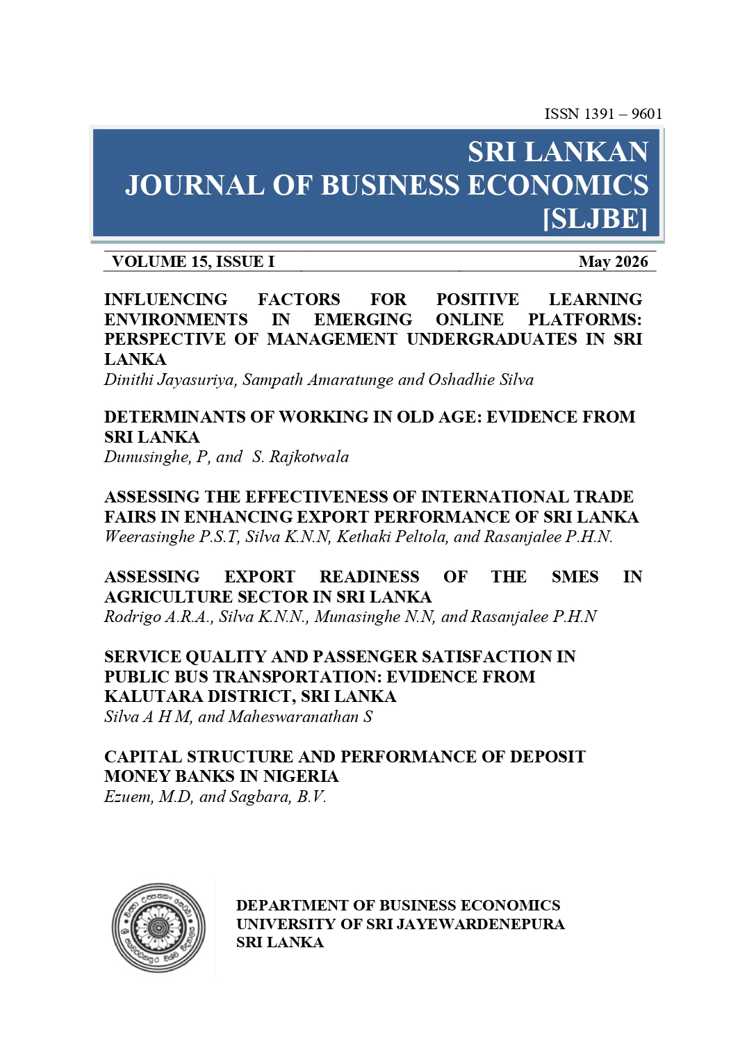 Sri Lankan Journal of Business Economics VOLUME 15 (ISSUE 1) – 2026 Sri Lankan Journal of Business Economics VOLUME 15 (ISSUE 1) – 2026