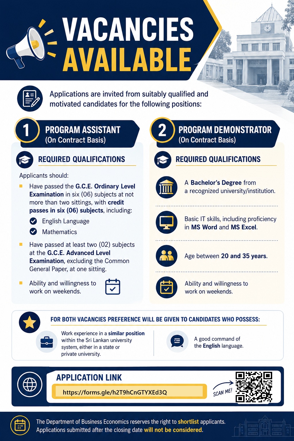 Vacancies – Master of Business Economics & MSc. in Business Economics Programs