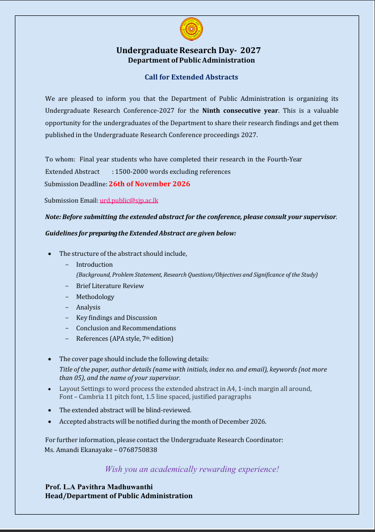 Undergraduate Research Day- 2027                                      Call for Extended Abstracts